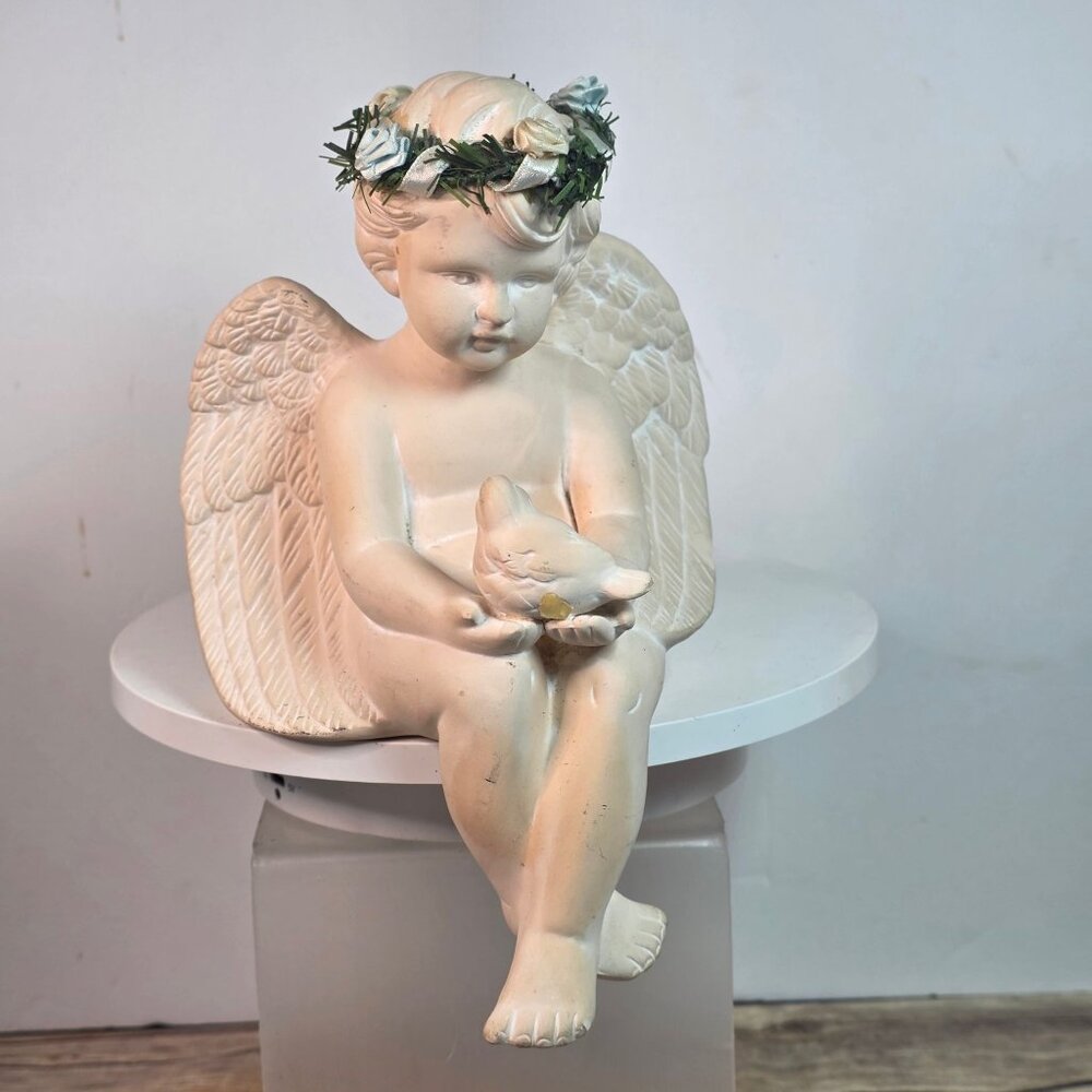 Vintage ceramic Angel Figurine With Flower Crown Holding Dove Shelf Sitting Cher